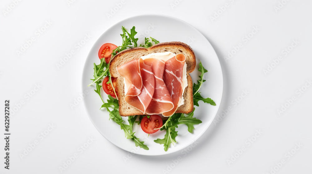 sandwich with ham tomato greens and top view. Generative Ai. 