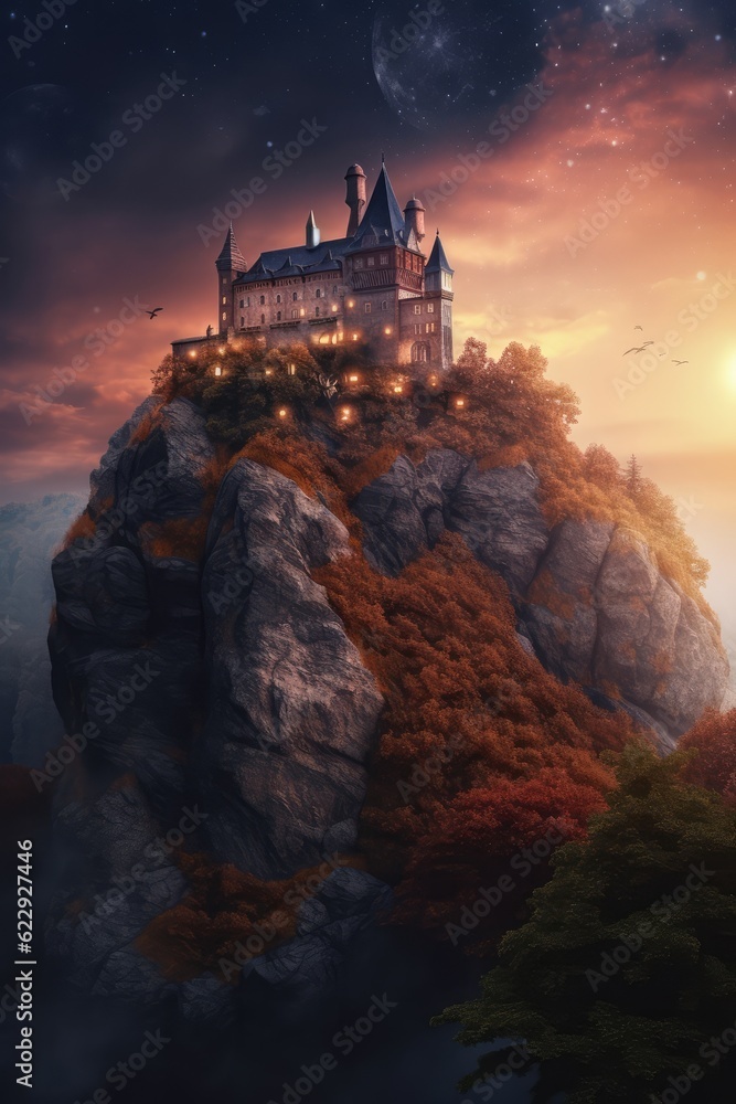Fairy tale castle on the hill in the dusk. Magical scene. Fantasy wallpaper. 