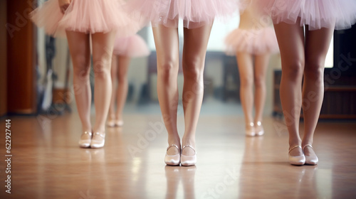 legs of ballerinas close-up at the warm-up in the hall. Generative Ai. 