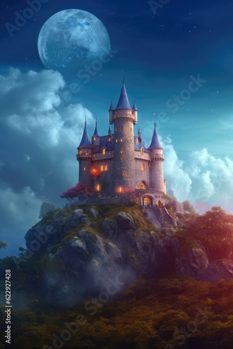 Fairy tale castle on the hill in the night. Magical scene. Fantasy wallpaper. 