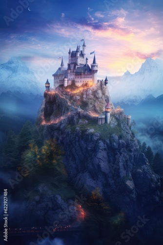 Fairy tale castle on the hill in the night. Magical scene. Fantasy wallpaper. 