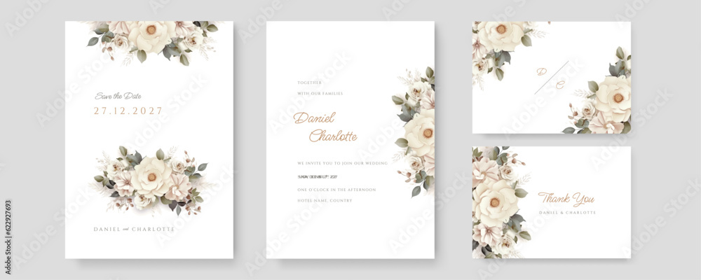 Premium luxury beautiful hand drawn floral wedding invitation card template