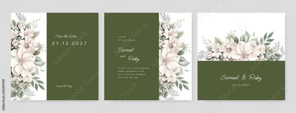 Card with flower, leaves. Hand drawn floral wedding invitation card with frame premium vector.