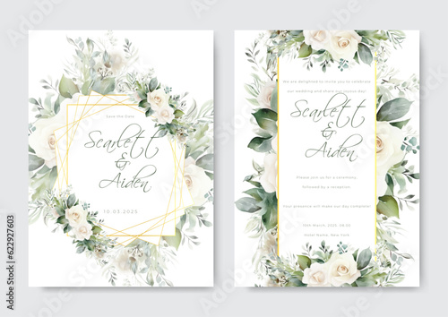 Watercolor wedding invitation template set with floral and leaves decoration.