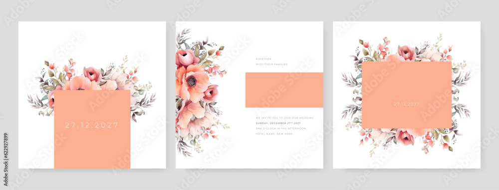 Modern wedding invitation card template set with flower bouquet watercolor painting