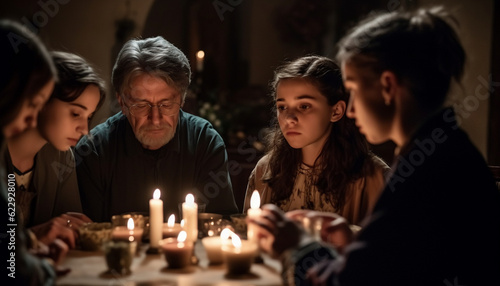 Multi generational family bonding over candlelight celebration generated by AI