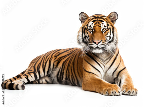 Tiger lying down isolated on white