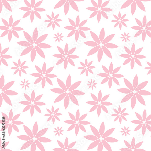 Abstract vector pattern with pink flowers on white background.