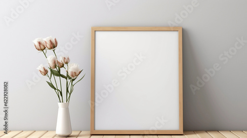 An empty photo frame on the table with a flower oranament