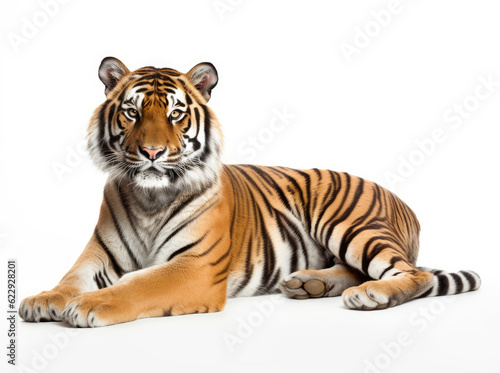 Tiger lying down isolated on white