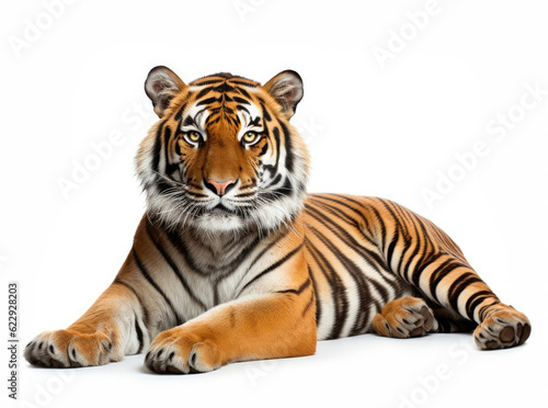 Tiger lying down isolated on white