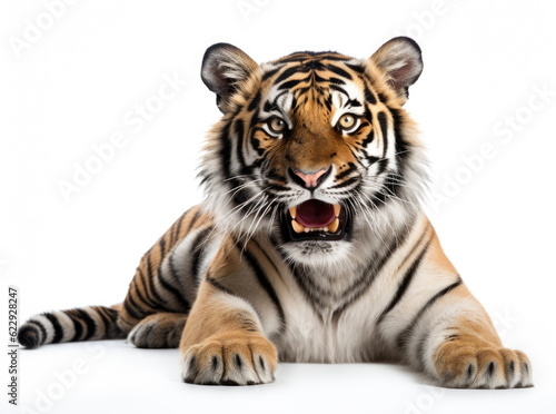 Tiger lying down isolated on white