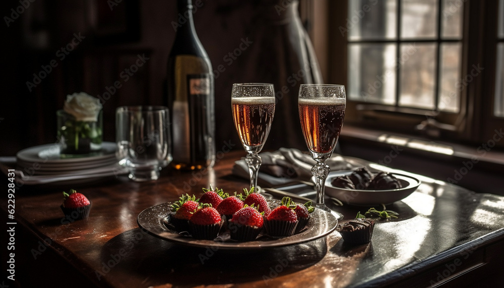Fresh berry dessert and wine on rustic table generated by AI Fresh berry dessert and wine on rustic table generated by AI