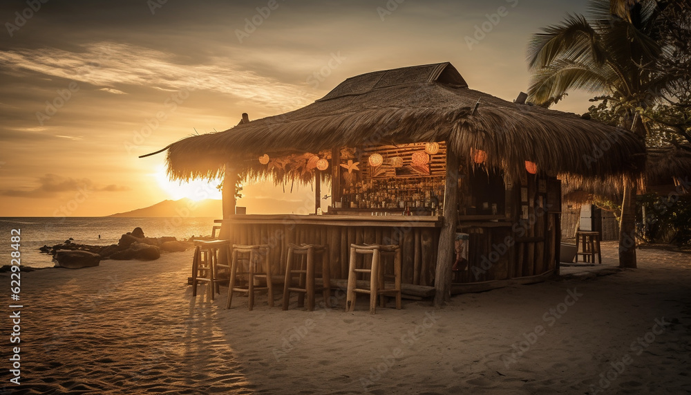 Fototapeta premium Tropical hut on sandy beach at dusk generated by AI