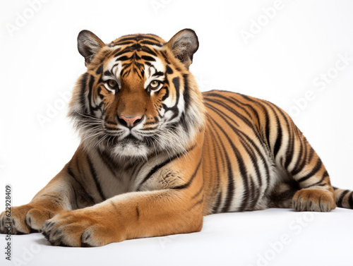 Tiger lying down isolated on white