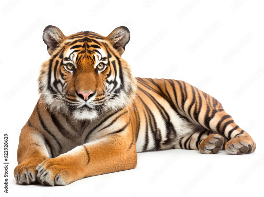 Tiger lying down isolated on white