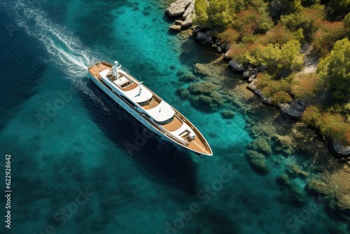 Top view of a white boat sailing to the blue sea. Motor boat in the sea. Travel - image. Aerial. © Stavros