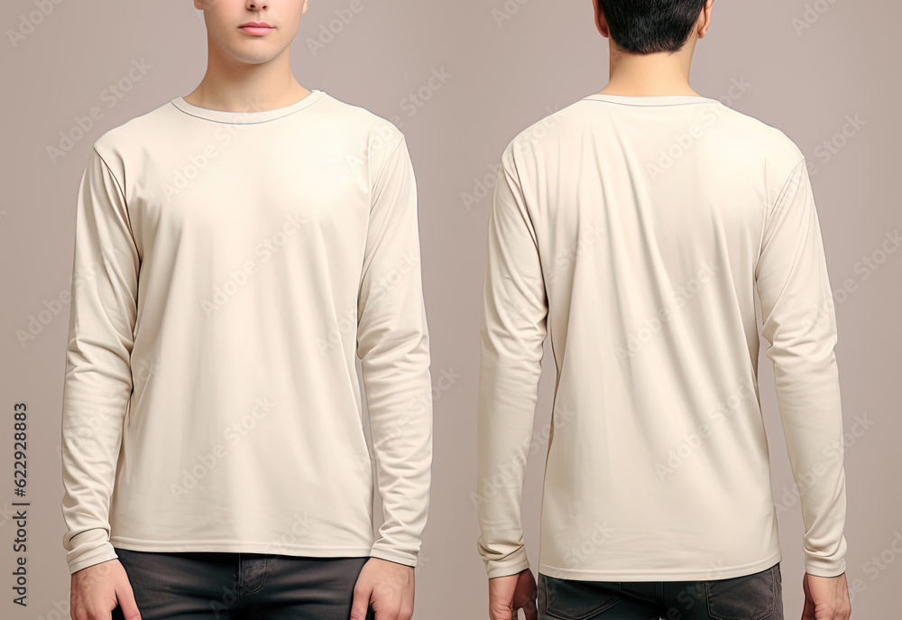 Man wearing a beige T-shirt with long sleeves. Front and back view Man wearing a beige T-shirt with long sleeves. Front and back view