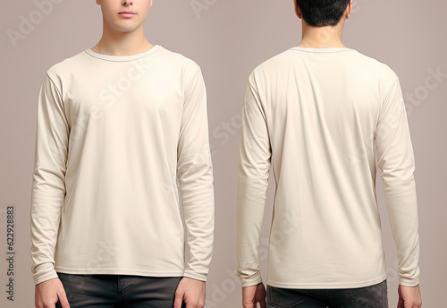Man wearing a beige T-shirt with long sleeves. Front and back view