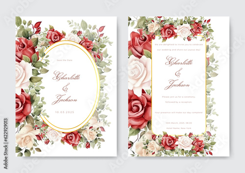 Elegant wedding invitation template with watercolor flower and leaves. © Semar Design