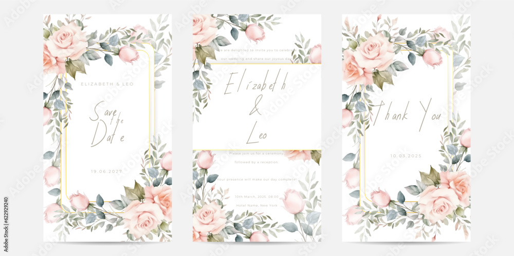 Elegant wedding invitation template with watercolor flower and leaves.