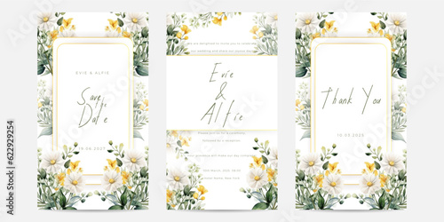 Elegant wedding invitation template with watercolor flower and leaves.