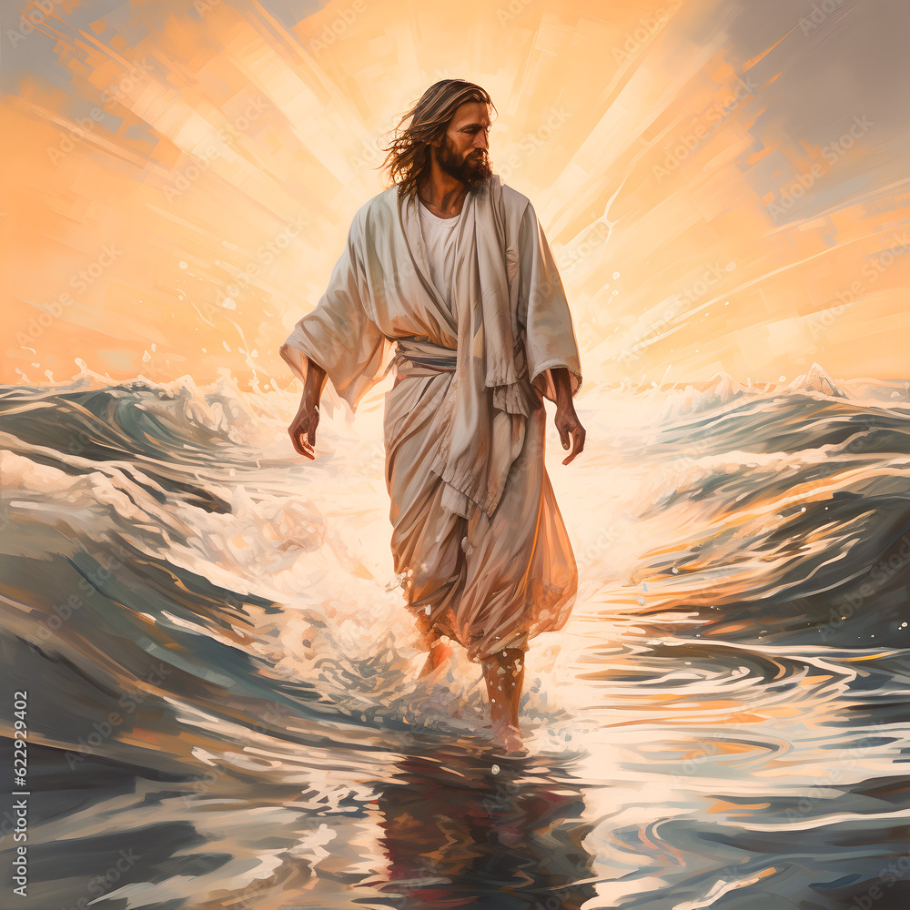 Jesus Christ walking on water during storm at sunset. AI generated