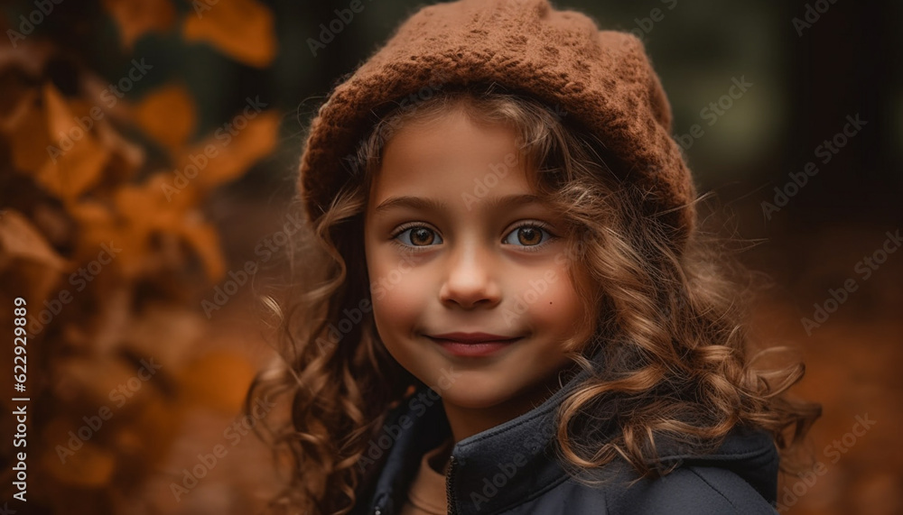 Cute girl smiling, looking at camera in autumn forest generated by AI Cute girl smiling, looking at camera in autumn forest generated by AI
