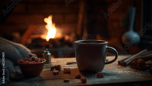 Hot chocolate warms up cozy winter nights indoors generated by AI