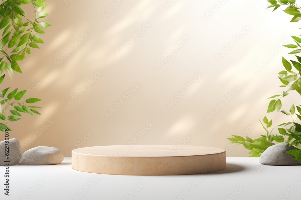 wooden podium platform with plants and stones on a beige background