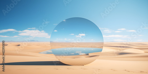 Panoramic landscape with sand dunes water and flat round mirror
