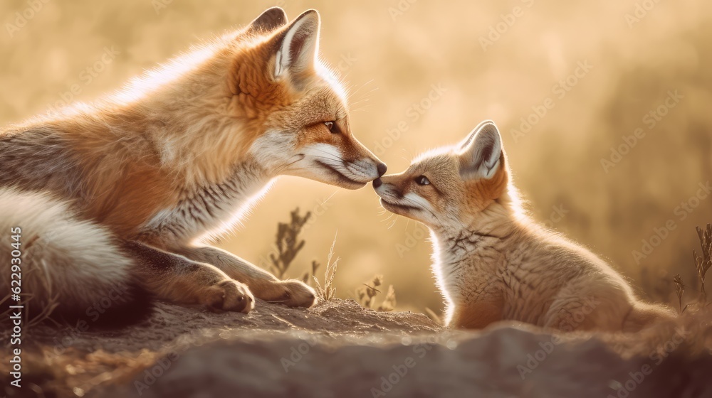 Adult and little Fox interacting