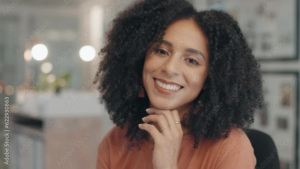 Face, smile and afro with a business woman at an office desk looking happy in her career. Portrait, positive mindset and confident with a professional young female employee sitting in the workplace Face, smile and afro with a business woman at an office desk looking happy in her career. Portrait, positive mindset and confident with a professional young female employee sitting in the workplace