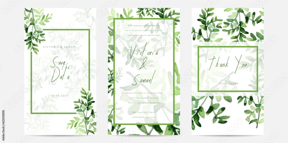 Realistic watercolor floral wedding invitation card template with hand drawn flower and leaves