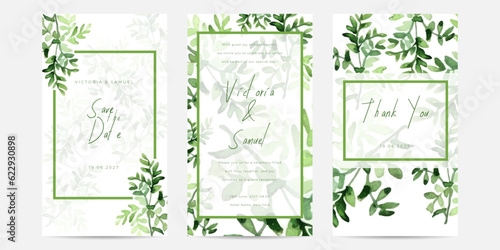 Realistic watercolor floral wedding invitation card template with hand drawn flower and leaves