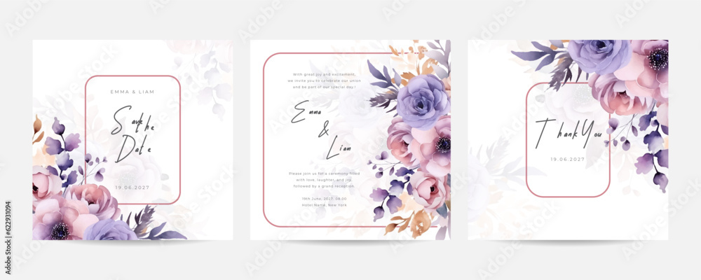 double sided wedding invitation template with elegant watercolor browns roses
