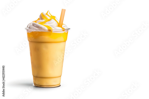 Mango smoothie milkshake in plastic takeaway cup isolated on white background with copy space