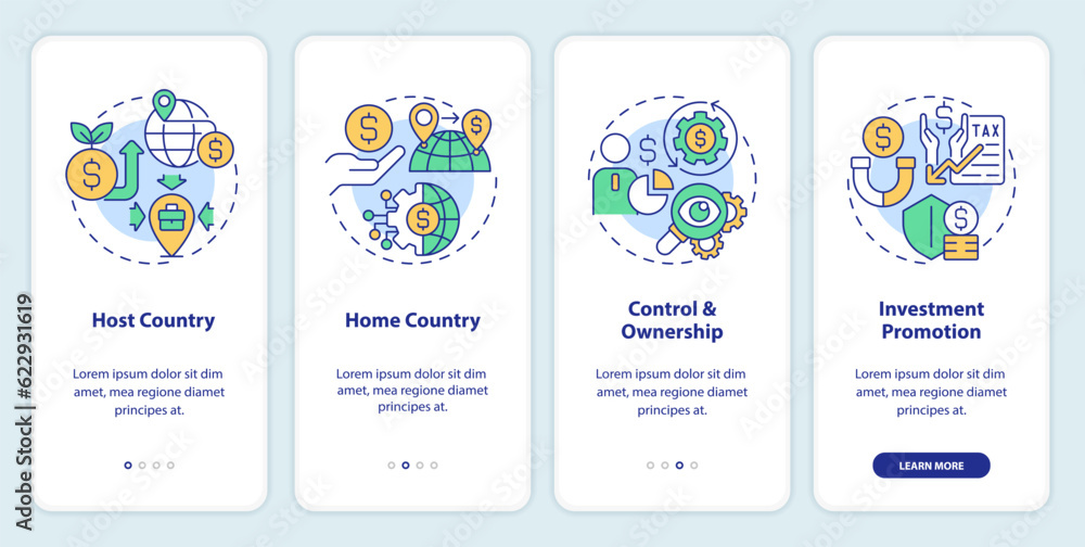2D colorful thin line icons representing foreign direct investment mobile app screen set. 4 steps editable graphic instructions, UI, UX, GUI template.