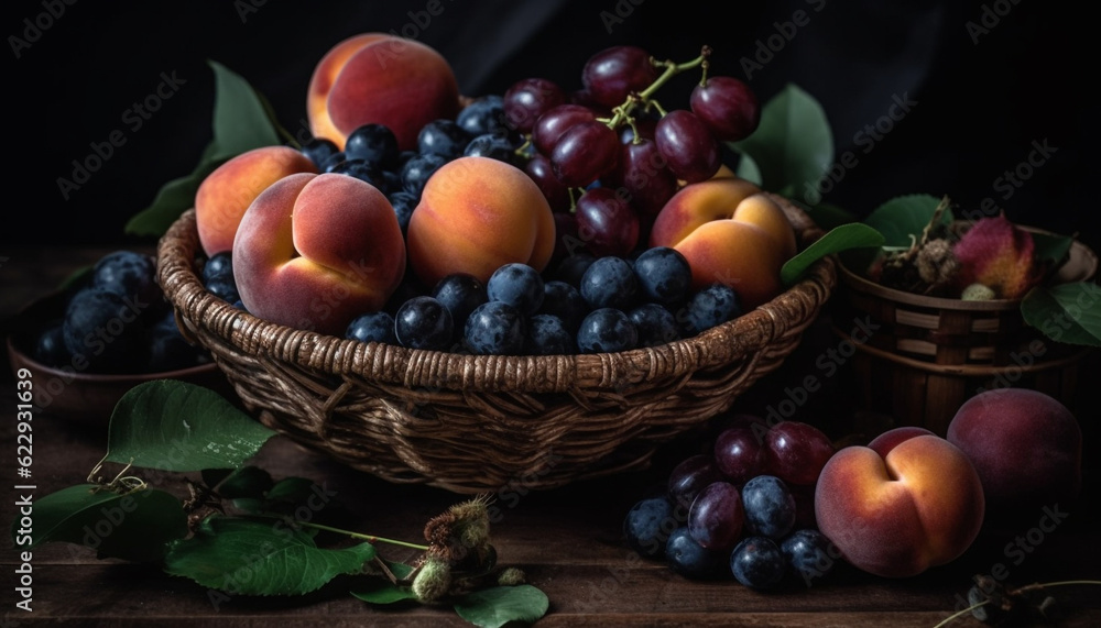Organic fruit basket, ripe and juicy berries generated by AI Organic fruit basket, ripe and juicy berries generated by AI