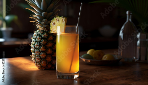 Fresh pineapple cocktail on wooden table for relaxation generated by AI