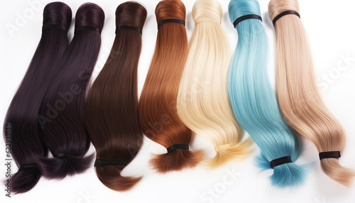 Collection various colors of hair on white background. Long wavy ponytail, created with Generative AI
