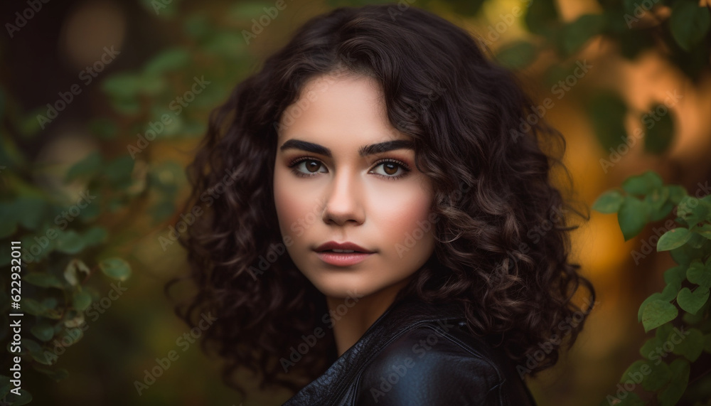 Beautiful young woman smiling in autumn forest generated by AI Beautiful young woman smiling in autumn forest generated by AI