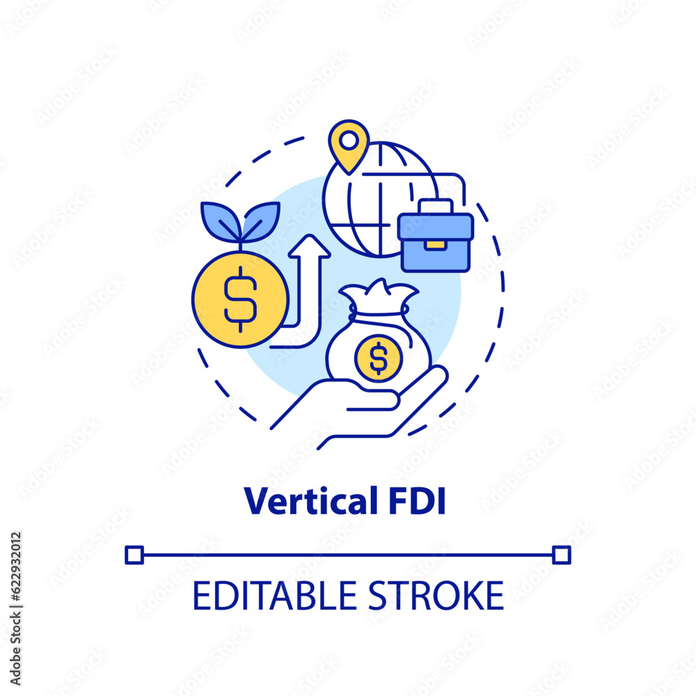 Editable vertical FDI icon, isolated vector, foreign direct investment thin line illustration. Editable vertical FDI icon, isolated vector, foreign direct investment thin line illustration.