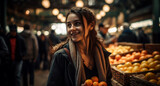 Young women smiling, buying groceries with confidence generated by AI