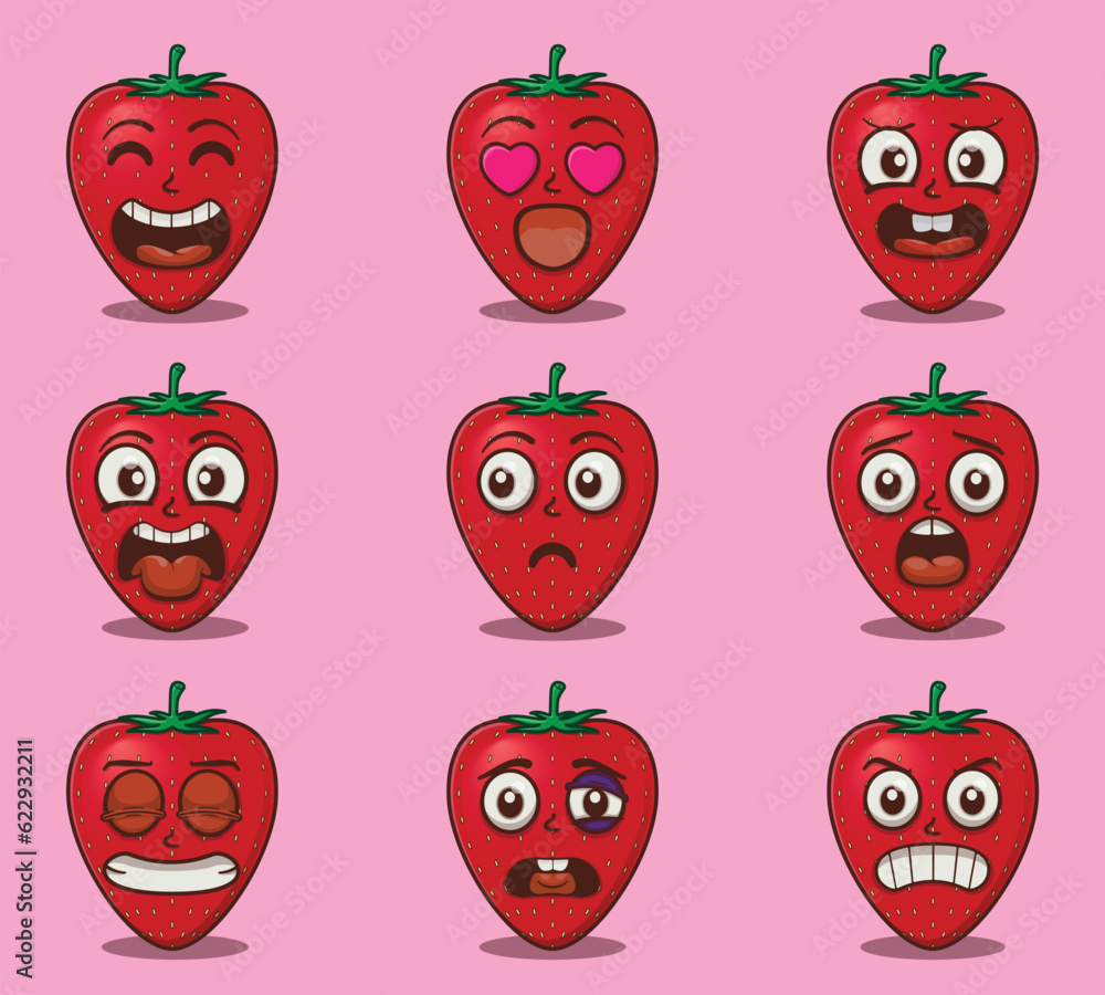 Cute and kawaii strawberry character emoticon expression illustration set Cute and kawaii strawberry character emoticon expression illustration set