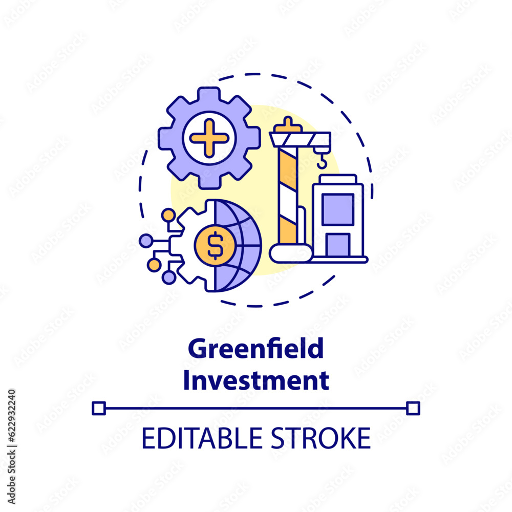Editable greenfield investment icon, isolated vector, foreign direct investment thin line illustration.