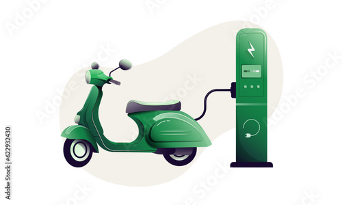 Green electric motorcycle charging from a power source. Concept of ecology and vehicles. Vector illustration