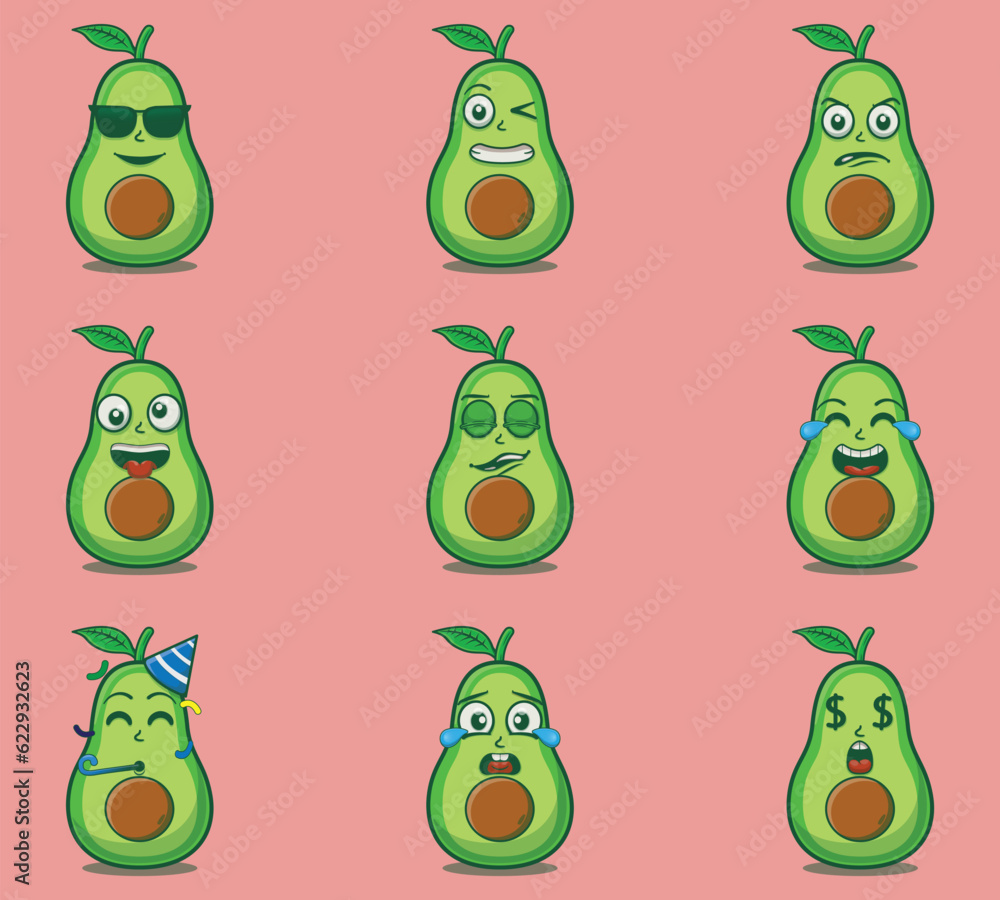 Cute and kawaii avocado character emoticon expression illustration set Cute and kawaii avocado character emoticon expression illustration set