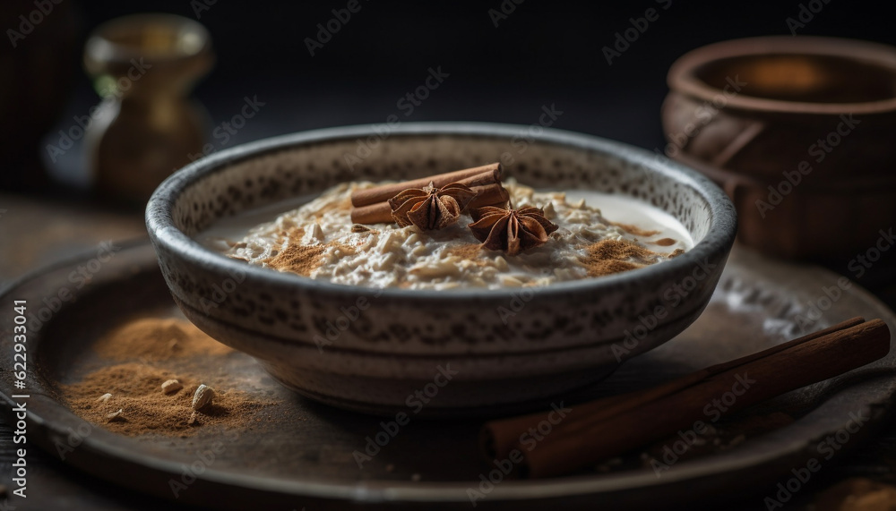 Sweet dessert in rustic bowl with anise generated by AI Sweet dessert in rustic bowl with anise generated by AI