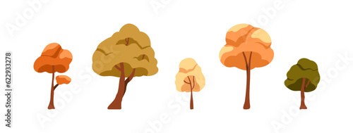 Foliage trees, forest wood plants set. Autumn and fall leaf of green, yellow, orange colors, different abstract crowns shapes. Botanical flat cartoon vector illustrations isolated on white background